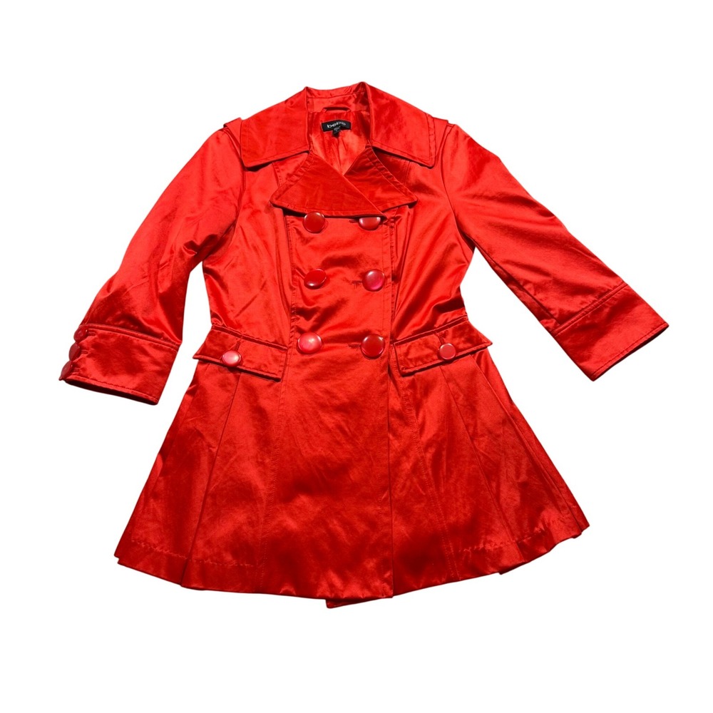 Bebe Red Trench Coat Satin‎ 3/4 Sleeve Academia Quiet Luxury Old Money S